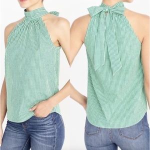 NWOT J.Crew Factory Sleeveless Gingham Poplin Bow Neck Tie Top Green Size 00